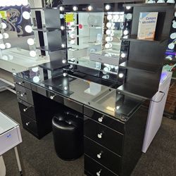Brand New Vanity Black Acrylic With Hollywood Mirror & 2 Side Shelves $899