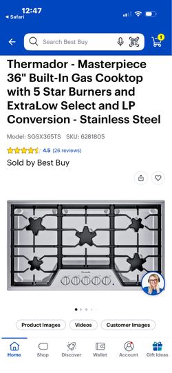 Thermador - Masterpiece 36" Built-In Gas Cooktop with 5 Star Burners and ExtraLow Select and LP Conversion - Stainless Steel