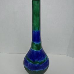 Vintage Ceramic Pottery Vase Blue & Green Drip Glaze MCM Decor Signed Leona 1989