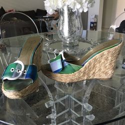Jessica Simpson Green & blue plaid wedges