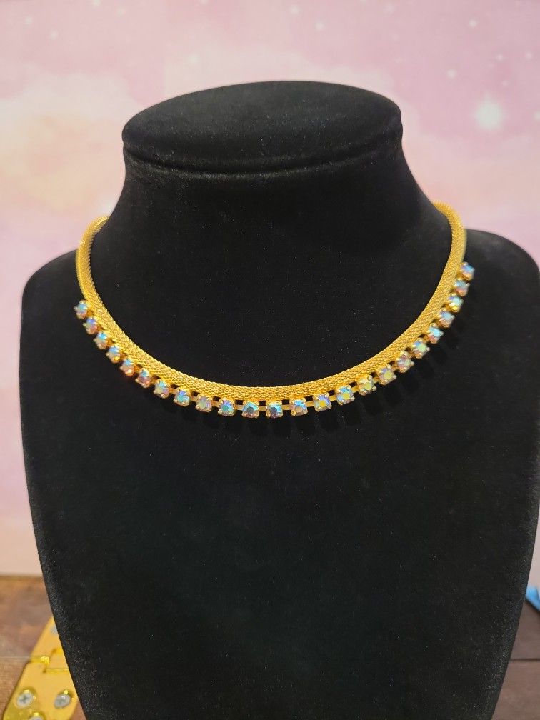 Vintage Goldtone Mesh Crystal Purple Rhinestone Choker Necklace Goldtone 14"-17" F8