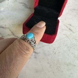 Vintage 925 Sterling Silver , Designer Shube Genuine Oval Turquoise Ring, Size 6 , Hallmarked STERLING w/$ Markers Mark