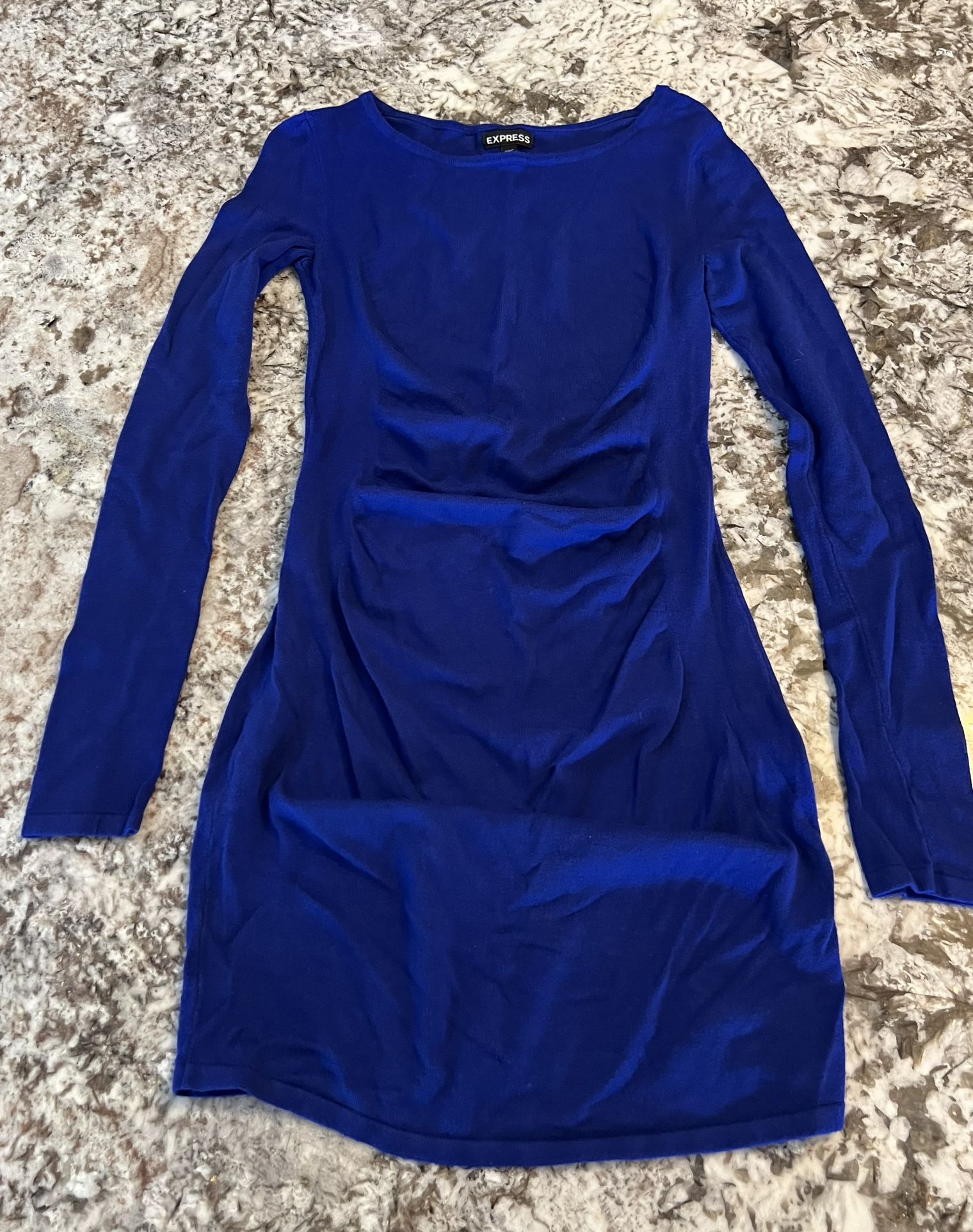 XS EXPRESS Womens urple blue Ruched Side Round NECK LONG SLEEVE DRESS Stretch Spandex BBL
