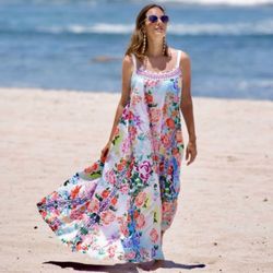 Boho Floral & Greek Chain Accent Maxi A-Line Dress Cover Up by Indie XO Sz M
