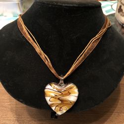 Brown/ Beige Glass Heart Bead Necklace 
