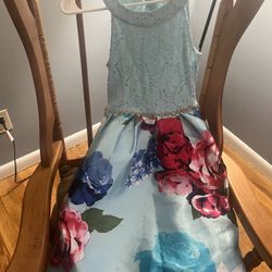 Light Teal With Flowers Girls Dress
