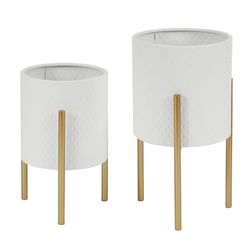 NEW - INDOOR 2-PC LuxenHome White Metal Planter Pots w/Gold Stands