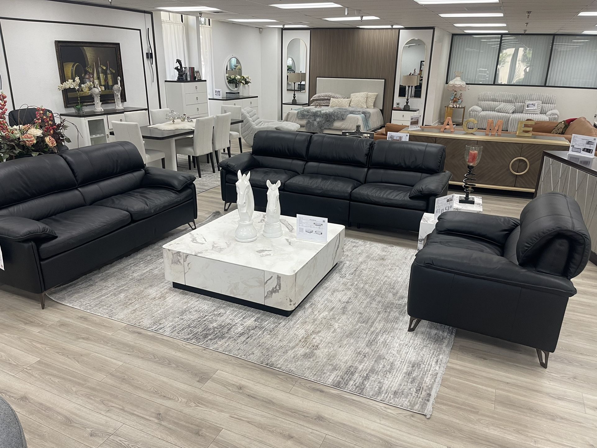 Black Leather Sofa Loveseat Chair Marble Table