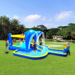 8 in1 Inflatable slide water park trampoline bouncing house outdoor garden with Dolphin sprinkler & Target games & Water gun & Basketball 