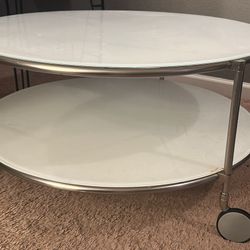 Modern White Glass 2-Tier Coffee/Accent Table on Wheels 