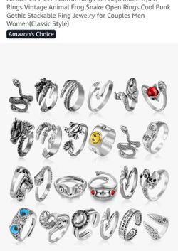 19 Pieces Gothic Rings Set Adjustable Open Rings Vintage Animal Cool Punk Goth 925