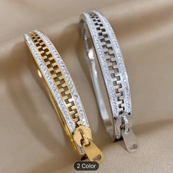 Creative Shiny Rhinestones Zipper 316L Stainless Steel Bangle, Statement 18K Gold Plated Fashion Jewelry