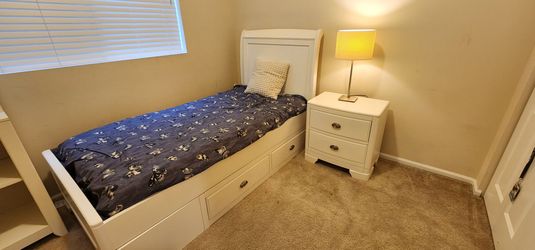Girls White Twin Bed with Storage and Matching Nightstand