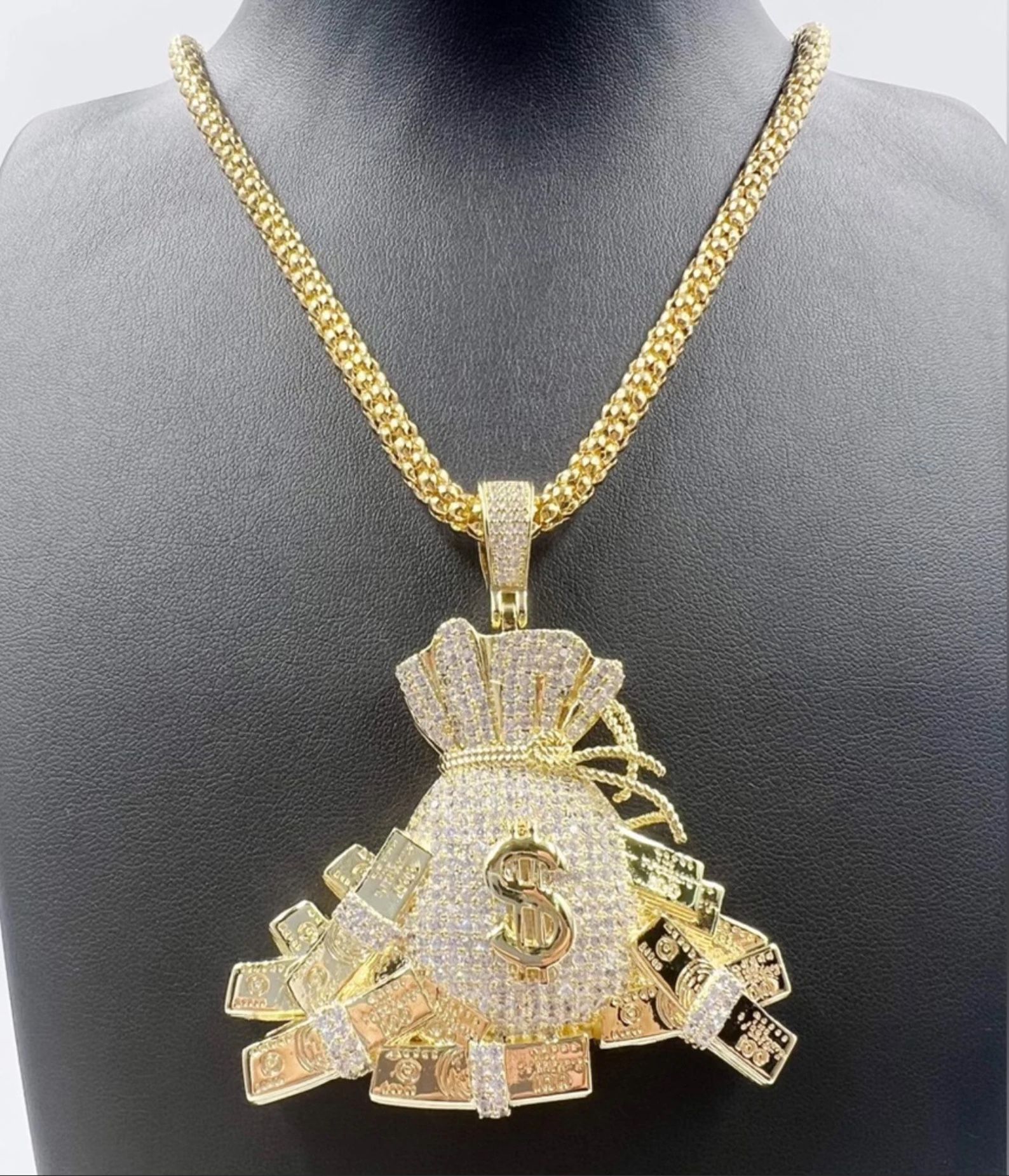 ✅4.50Ct Hip Hop Round Cut Cubic Zirconia Diamond Money Bag Pendant 14K Gold Plated and 24 Inch Chain✅🔥