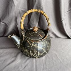 Vintage Ceramic Tea Pot w Bamboo Handle Beautiful Organic Pottery