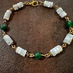 Handmade Green Emerald  and Natural Trochide Shells Spacers Beaded Bracelet.