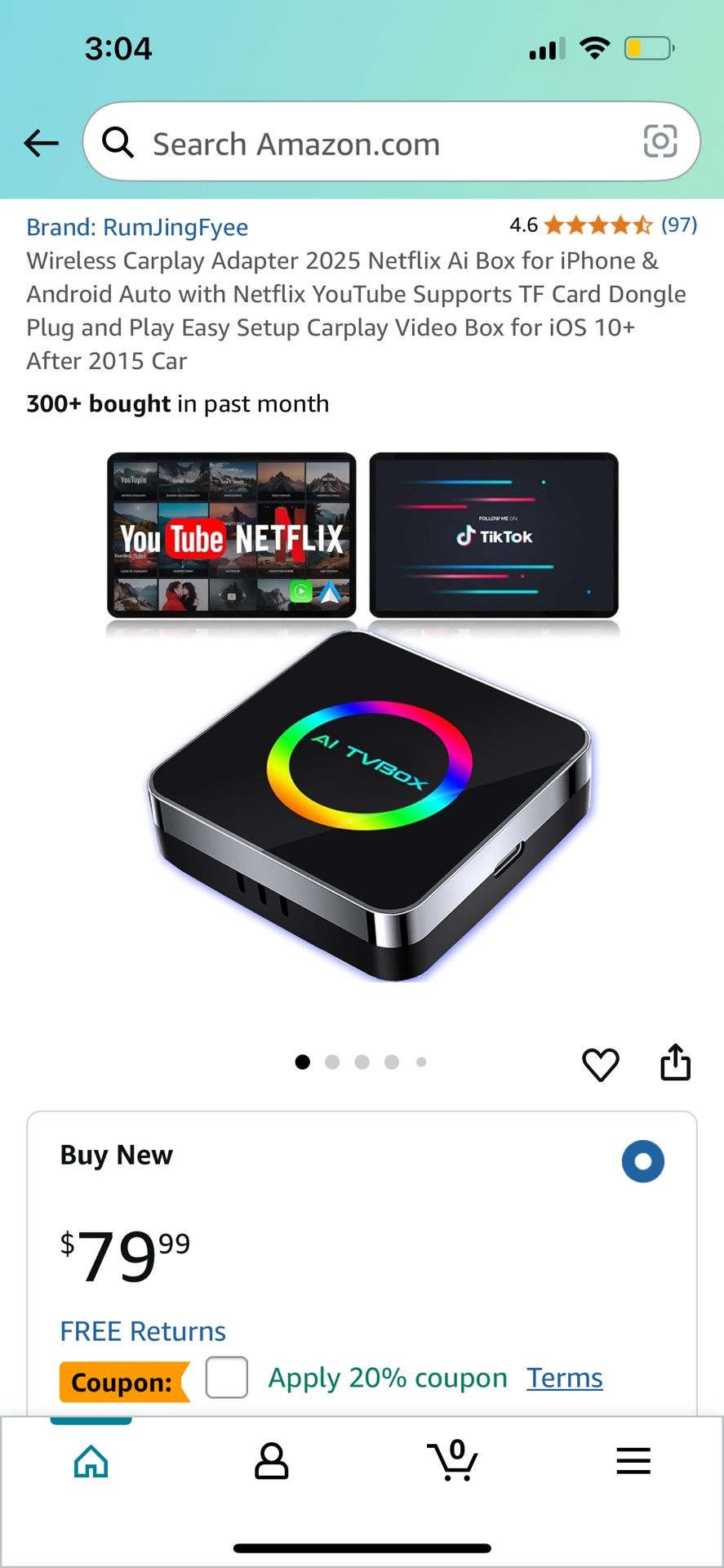 Wireless Carplay Adapter 2025 Netflix Ai Box for iPhone & Android Auto with Netflix YouTube Supports TF Card