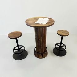 ✨BRAND NEW ASSEMBLED Kearsten Brown 3PC Round Bar Table Set w/ 2 Stools - Rustic Wood ✨