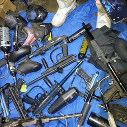 9 Tippman, VL & Recon Paintball guns, 11 Air tanks, ball tanks, face masks