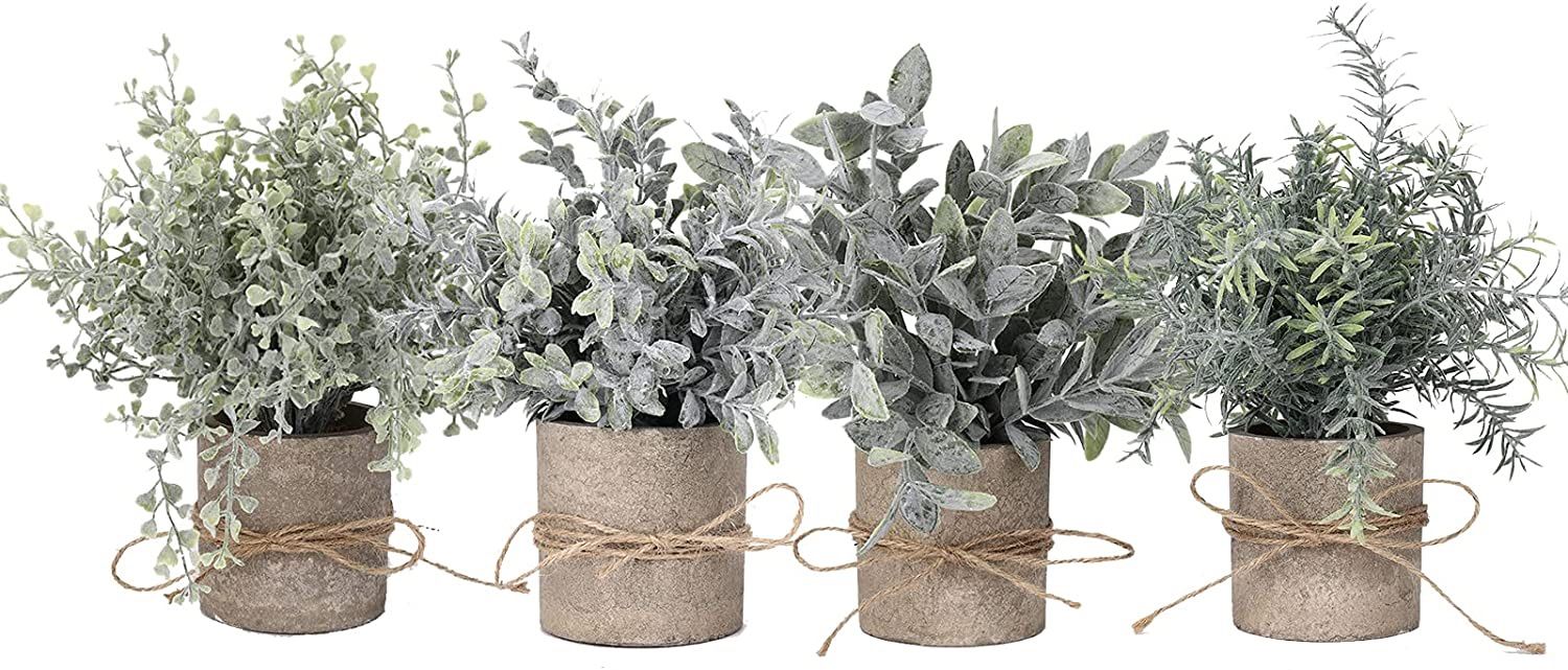 Artificial Topiaries Plants & Flowers, 4 Pcs Mini Plants Artificial Potted Set Fake Green Grass Plant Faux Plastic Topiary for Home Office Desk Bathro
