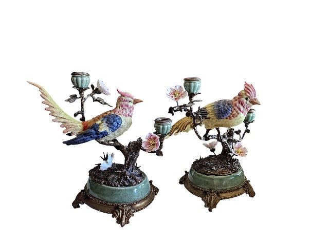 Mark Roberts Pair Of Porcelain Cockatoo Candelabra On Celadon Base