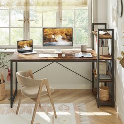 63 Inch Computer Desk with Adjustable Shelves, Simple Writing Desk with Reversible Bookshelf and Metal Legs for Home Office and Studio