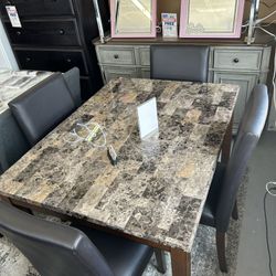 4 Seats Dining Table Set Faux Marble Top 