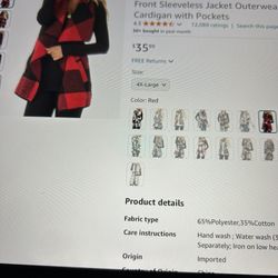 Yacun Xl Women Red Plaid Vest, Open Front Jacket Outer ware, Cardigan With Pockets $8