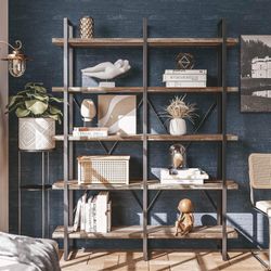 Bookshelf, Double Wide 5-Tier Open Bookcase Vintage Industrial Large Shelves, Wood and Metal Etagere Bookshelves, for Home Decor Display, Office Furni