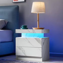 Bedside Table with 2 Drawers, LED Nightstand Wooden Cabinet Unit with LED Lights for Bedroom, End Table Side Table for Bedroom Living Room, White Marb