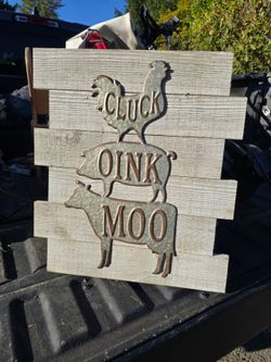 Cluck, Oink , Moo Animal Stack Metal on Wood Sign