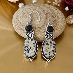 Dalmatian Jasper And Onyx 925 Sterling Silver Overlay Earring