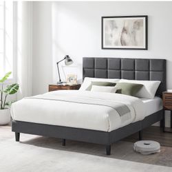 Queen Size Bed Frame with Upholstered Headboard, Linen Fabric and Wooden Slats Support, No-Noise, Easy to Assemble, No Box Spring Needed with 1000LBS,