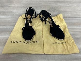 Louis Vuitton Black Suede Embellished Logo T Strap Sandals (PO1019943) -Like New Condition