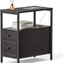 Side Table with Charging Station, Narrow Nightstand with 2 Drawers, Living Room End Table with Storage, Slim Bedside Table for Small Spaces, Black