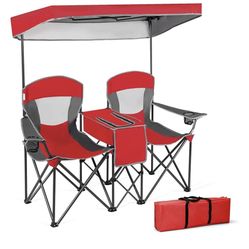 New Double Camping Chair, Beach Chair with Canopy Shade, Adjustable UV Protection, Cooler, Cup Holder & Carry Bag, Folding Portable Lawn Soccer Camp C