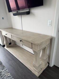 Large Whitewashed Console Table with Storage Drawers