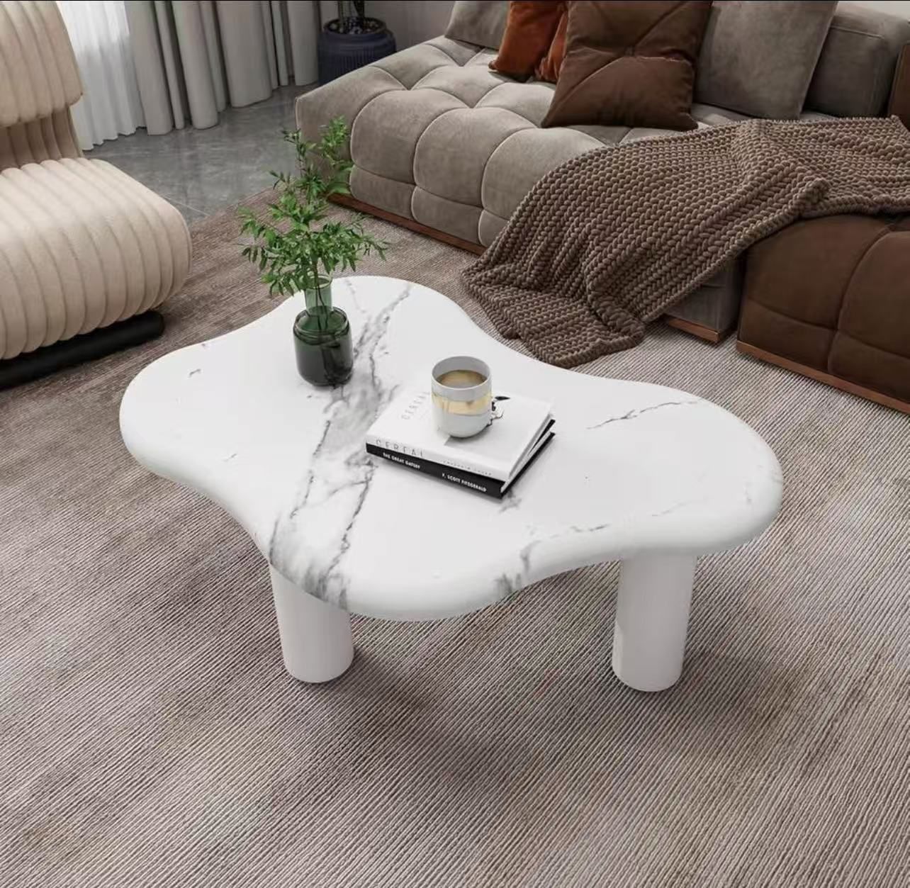 White Cloud Coffee Table, Marbling Tea Table with 3 Support Legs, Irregular Coffee Table with Round