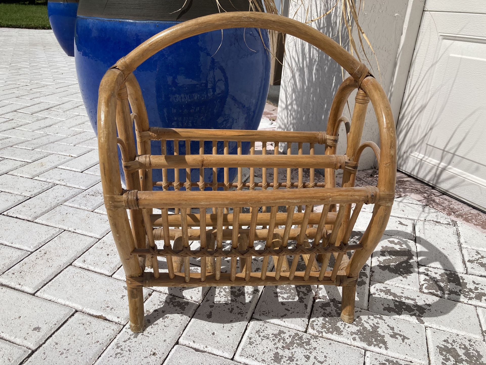 Vintage MCM Rattan, Bentwood, Cane, Wicker Accent Magazine Rack Or Newspaper Holder.  