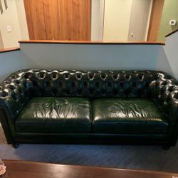 Full-Grain Tufted Green Leather Couch