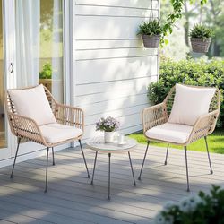 3 Piece Patio Bistro Set, Outdoor Wicker Patio Set for 2, All Weather Bistro Table and Chairs Set of 2, Balcony Furniture with Cushions Pillows for Po
