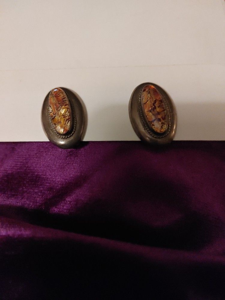 Sterling silver clip On Earrings. Center Multi Colored Ornament