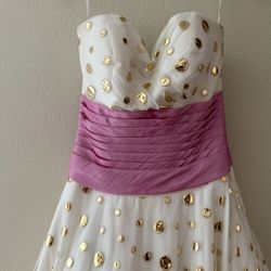 EVENINGS BY ALLURE PROM DRESS White with gold polka dots & pink sash sz 6