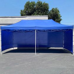 (NEW) $225 Heavy Duty 10x20 FT Canopy (with 4 Sidewalls) Ez Pop Up Outdoor Party Tent w/ Carry Bag (White/Blue)