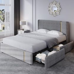 UPHOLSTERED BED FRAME KING SIZE WITH STORAGE DRAWERS AND LED LIGHTING BRAND NEW IN BOX!!!