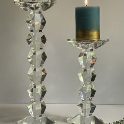 Glass Candle Holders Pair! Heavy! 