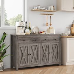 4-Doors 2-Drawers Farmhouse Buffet Cabinet with Storage, Wood Sideboard with Adjustable Shelves, Gray