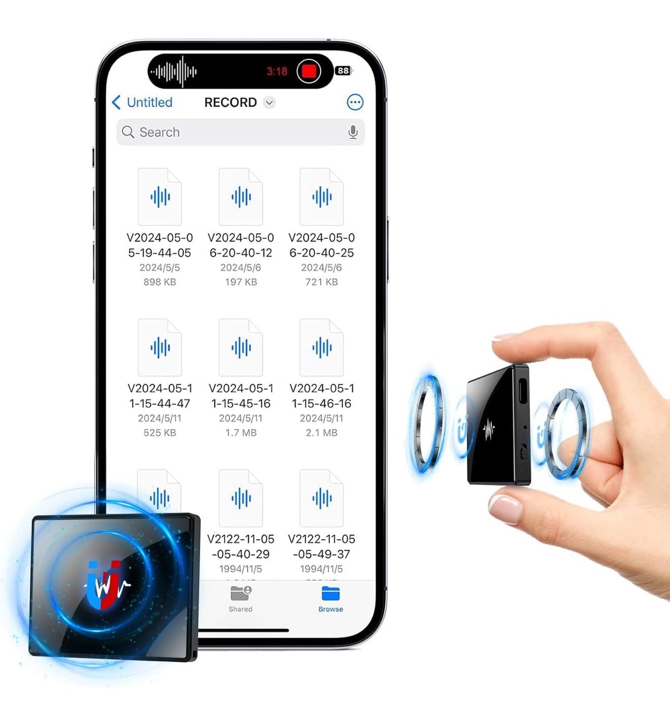 128GB 2-Sided Magnetic Voice Recorder (9000 Hours), Al-Triple Noise Cancelling Recording Device, 90 Days Storage Capacity Voice Activated Recorder