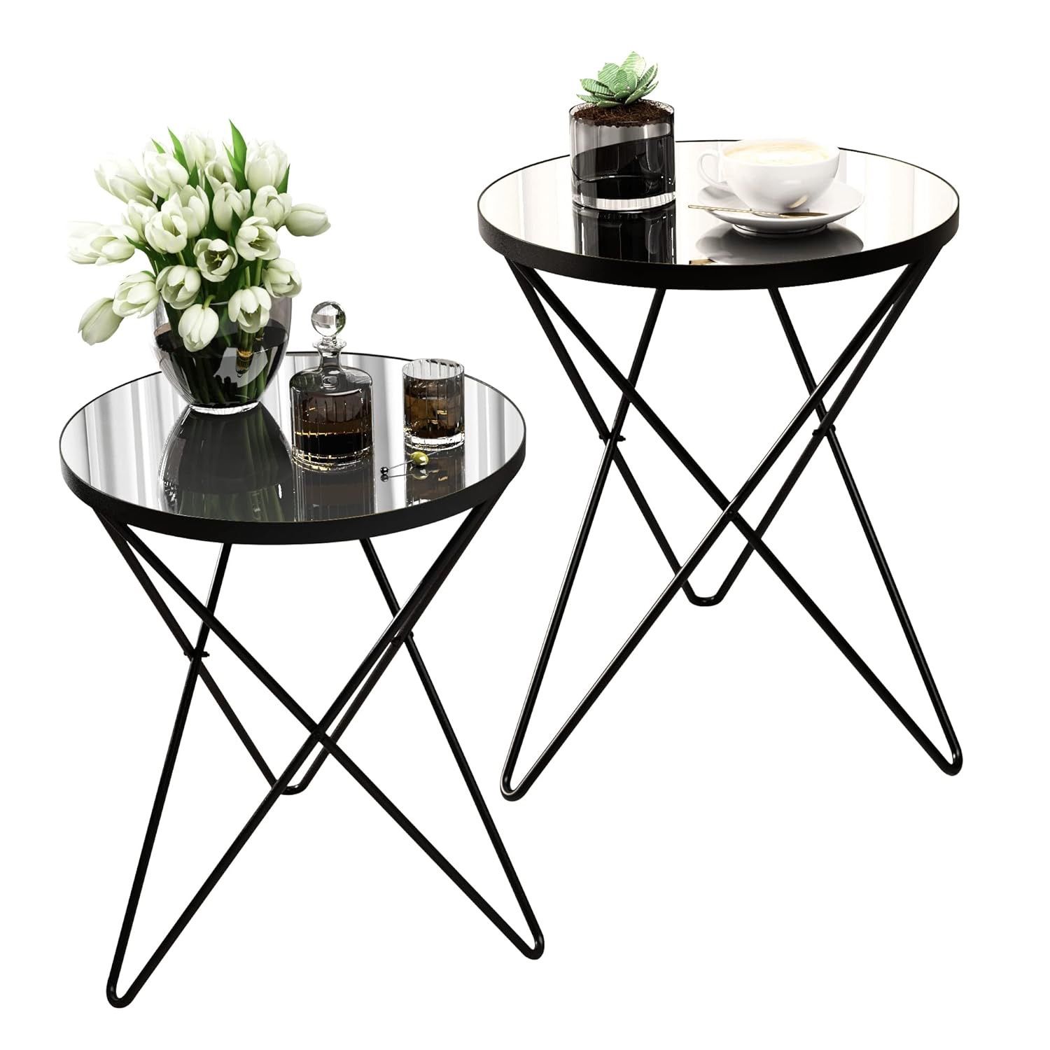 Modern Round Side Table Set of 2, End Table with Marble Effect Top and Gold Metal Frame, Small Side Table for Living Room, Bedroom, Sofa and Couch, Bl