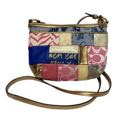 Coach Crossbody Patchwork Collection Small Purse Gold Pink Blue Quilt Patch Bag